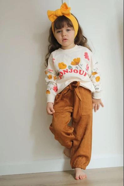 KIZ ÇOCUK BONJOUR YAZILI SÜET PANTOLONLU İKİLİ TAKIM - 3
