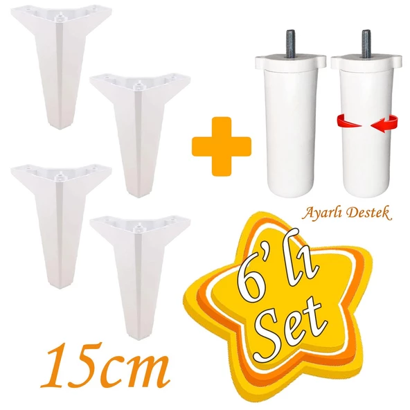 Serdivan 6'Lı Set Mobilya Tv Ünitesi Çekyat Koltuk Kanepe Ayarlı M8 Destek Ayağı 15 Cm Beyaz Baza Ayak