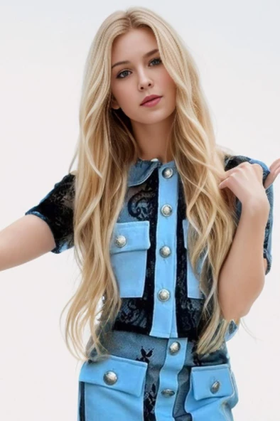 Kız Çocuk Transparan Dantel İşlemeli İçi Astarlı Cep Detaylı Mavi Etekli Takım - Resim 2