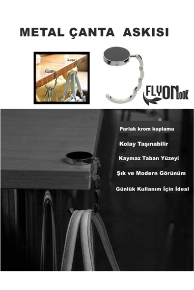 Kişiye Özel İsimli Metal Krom Kaydırmaz Taban Masa Altı Çanta Askısı Portatif Şık Katlanabilir - 5