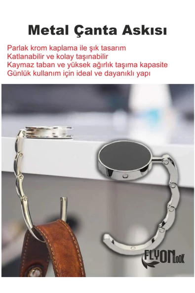 Kişiye Özel İsimli Metal Krom Kaydırmaz Taban Masa Altı Çanta Askısı Portatif Şık Katlanabilir - 4