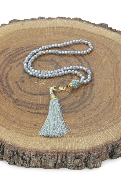 Gelin Damat Bohçasına Uygun Hediyelik Kutulu İnci Tesbihli Çeyizlik Seccade Seti Gri - Resim 6