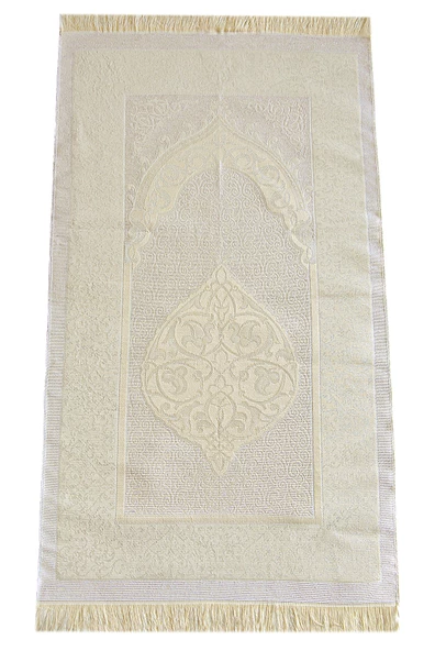 Gelin Damat Bohçasına Uygun Hediyelik Kutulu İnci Tesbihli Çeyizlik Seccade Seti Krem - Resim 6