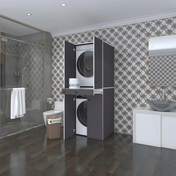 Kenzlife çamaşır-kurutma makinesi dolabı el kindi gri 187*070*60 çekmeceli kapaklı banyo