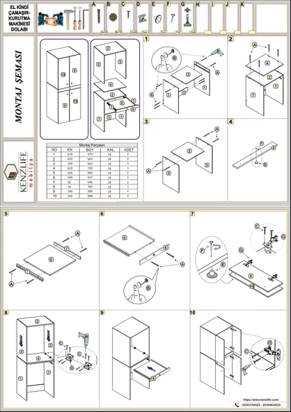 Kenzlife çamaşır-kurutma makinesi dolabı el kindimdf byz 187*070*60 çekmeceli kapaklı % 100 FULL MDF - Resim 4