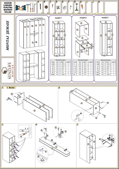 Kenzlife çamaşır-kurutma makinesi dolabı nazzam byz 187*170*60 çekmeceli raflı banyo - 4