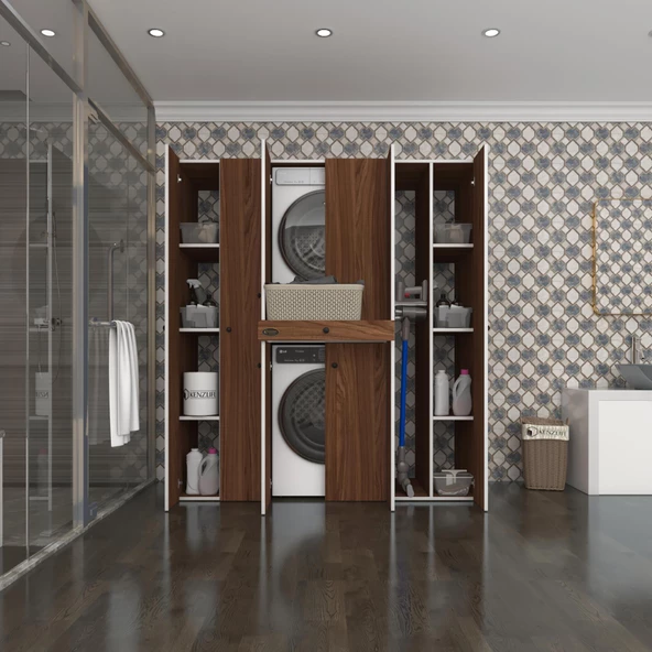 Kenzlife çamaşır-kurutma makinesi dolabı nazzam cvz 187*170*60 çekmeceli raflı banyo