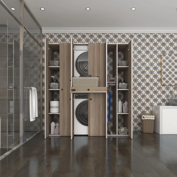 Kenzlife çamaşır-kurutma makinesi dolabı nazzam crd 187*170*60 çekmeceli raflı banyo