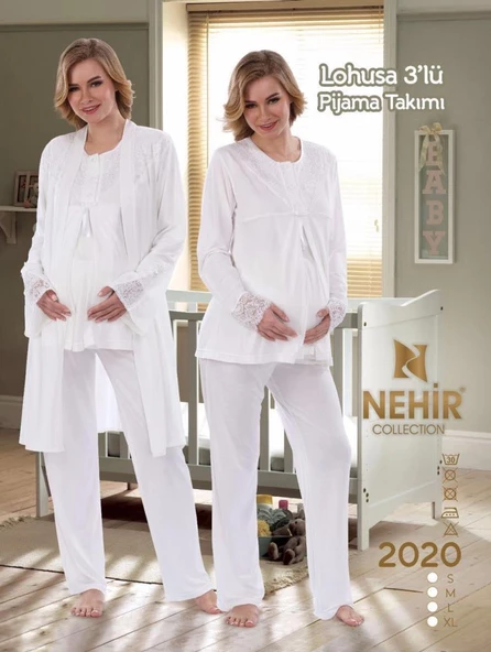 NEHİR 2020 Hamile Lohusa Pijama Sabahlık 3Lü Takım