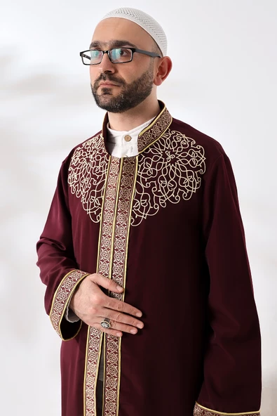 Bordo Hakim Yaka Erkek Namaz Elbisesi Şerit Nakış İşlemeli İmam Cübbesi - 2