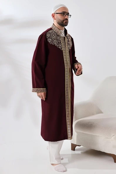 Bordo Hakim Yaka Erkek Namaz Elbisesi Şerit Nakış İşlemeli İmam Cübbesi - 7