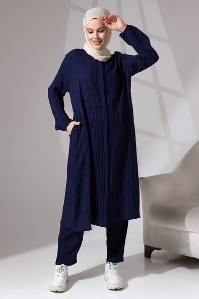 Kadın Bürümcük Kumaş Gizli Fermuarlı İkili Takım Hac Umre Kıyafeti Lacivert - Resim 3