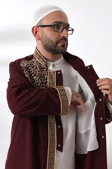 Bordo Hakim Yaka Erkek Namaz Elbisesi Şerit Nakış İşlemeli İmam Cübbesi - 3