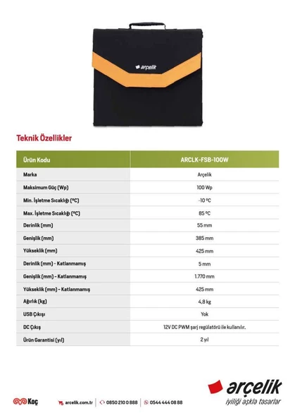 Arçelik ARCLK-FSB-100W 4 KatlanırTaşınabilir Güneş Paneli - 5