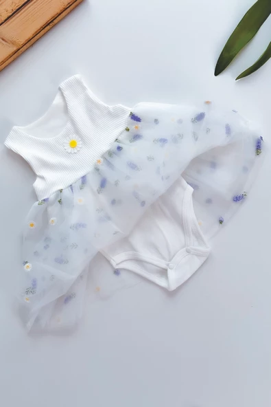 Kız Bebek Yazlık Elbise Kısa Kollu Tüllü Tütü Astarlı Bebek Takım Bebek Giyim - 3