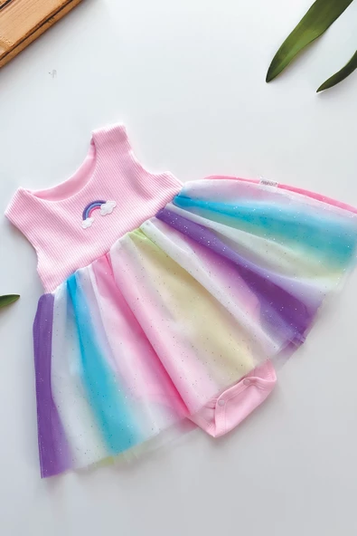 Kız Bebek Yazlık Elbise Kısa Kollu Tüllü Tütü Astarlı Bebek Takım Bebek Giyim - 2