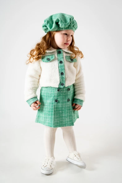 Kız Çocuk Kız Bebek Hırkalı Şapkalı Etekli Welsoft Peluş Oduncu Üçlü Elbise Takım - 8