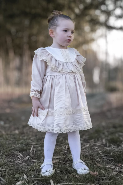 Kız Bebek Elbise Kız Çocuk Elbise Doğum Günü Parti Düğün Elbise Astarlı Saten Uzun Kol - 3