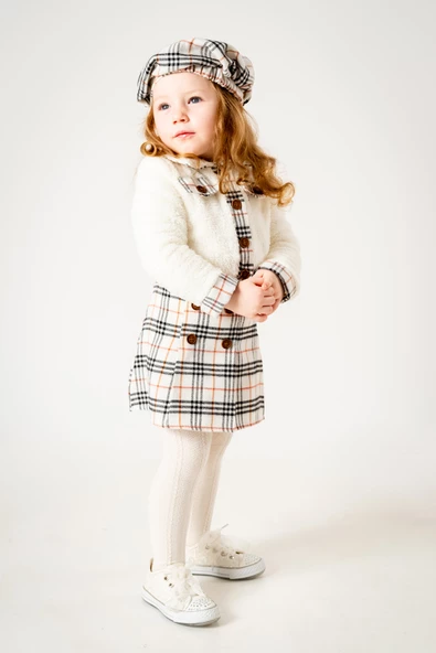 Kız Çocuk Kız Bebek Hırkalı Şapkalı Etekli Welsoft Peluş Oduncu Üçlü Elbise Takım - 6