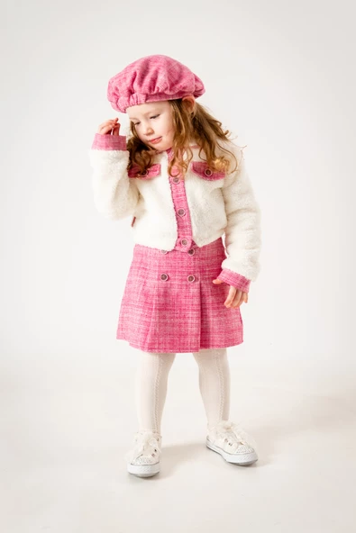 Kız Çocuk Kız Bebek Hırkalı Şapkalı Etekli Welsoft Peluş Oduncu Üçlü Elbise Takım - 10