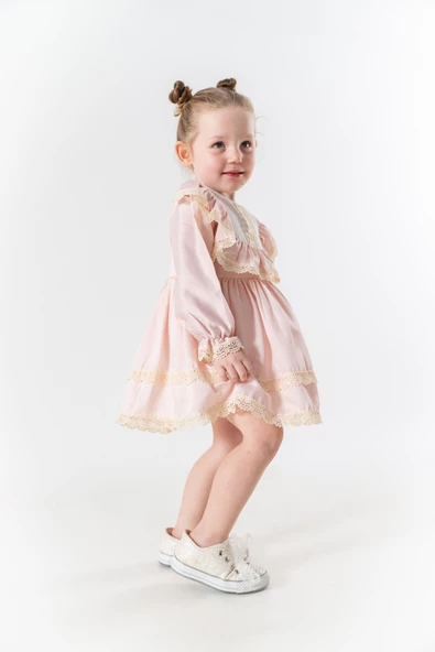 Kız Bebek Elbise Kız Çocuk Elbise Doğum Günü Parti Düğün Elbise Astarlı Saten Uzun Kol - 6