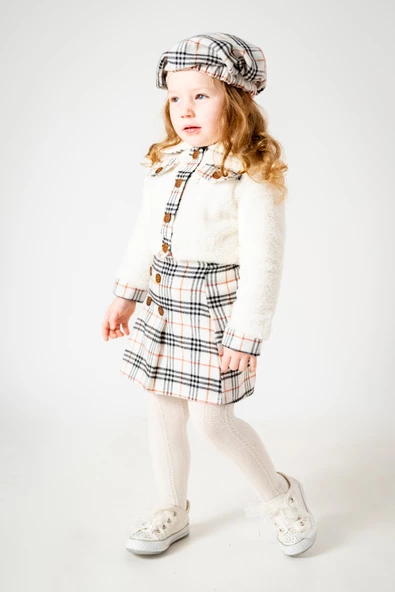 Kız Çocuk Kız Bebek Hırkalı Şapkalı Etekli Welsoft Peluş Oduncu Üçlü Elbise Takım - 12