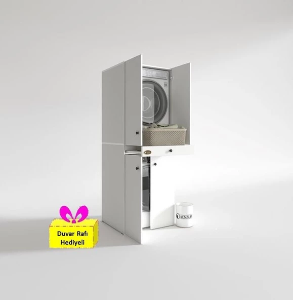 Kenzlife çamaşır-kurutma makinesi dolabı el kindi byz 187*070*60 çekmeceli kapaklı + tekli duvar rafı hediye