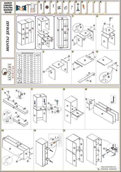 Kenzlife çamaşır-kurutma makinesi dolabı şahrur sol byz 187*120*60 çekmeceli + tekli duvar rafı hediye - Resim 2