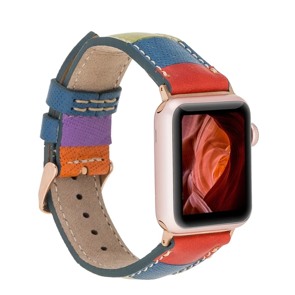 Apple Watch Uyumlu Deri Kordon 42-44-45mm Gökkuşağı