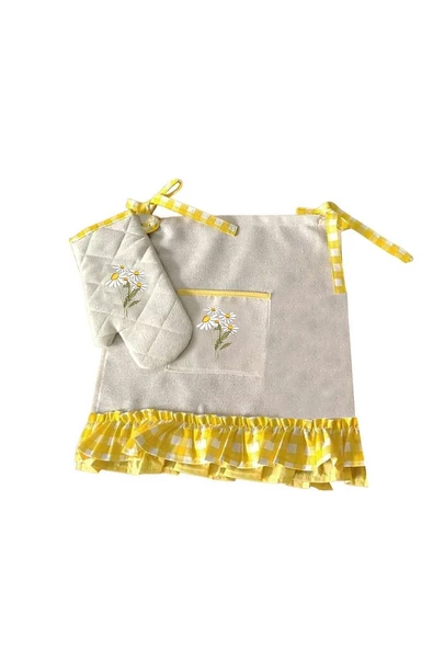 Sarı Pötikare Papatya Nakışlı, Fırfırlı, Buldan keten Fırın Önlüğü (Örtüsü) ve Eldiveni