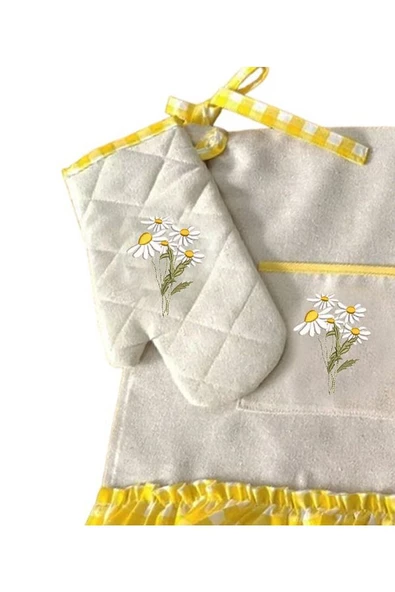 Sarı Pötikare Papatya Nakışlı, Fırfırlı, Buldan keten Fırın Önlüğü (Örtüsü) ve Eldiveni - 2