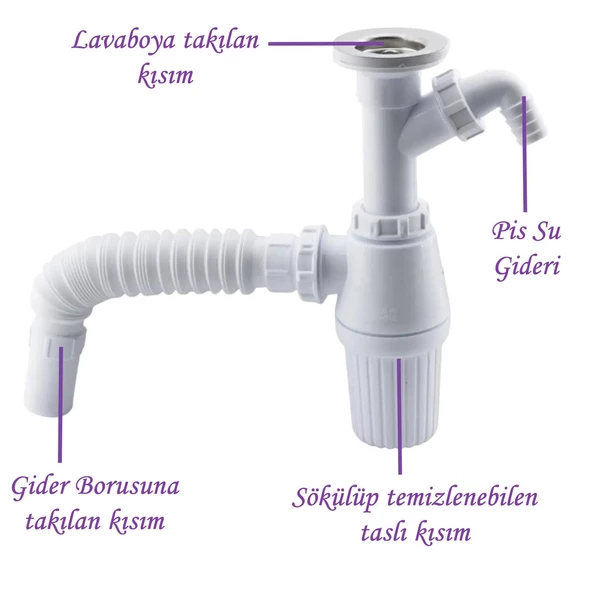 Pis Su Giderli Sökülebilir Tas'lı Çift Gider Sifon Körüklü Temizlenebilir Mutfak Banyo Lavabo Boru - 4