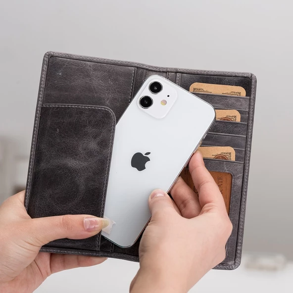 Evra 6.7 inch Uyumlu Deri Kartlıklı Kılıf TN18 Gri - 2