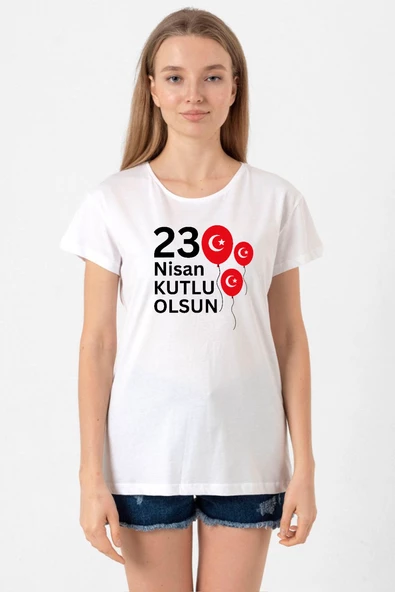 23 Nisan Balon Beyaz Kadın Bisikletyaka Tshirt