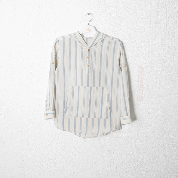 Erkek Çocuk Kapşonlu Müslin Yazlık Çizgili Gömlek ürün görseli
