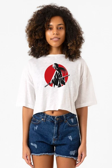 Rurouni Kenshin Samurai Logo Beyaz Kırçıllı Kadın Crop Tshirt ürün görseli 1