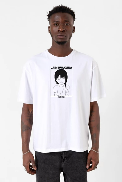 Serial Experiments Anime Lain Poster Beyaz Erkek Oversize Tshirt