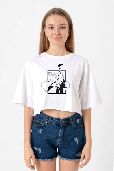 Steins Gate Rintarou Mad Scientist Beyaz Kadın Crop Tshirt