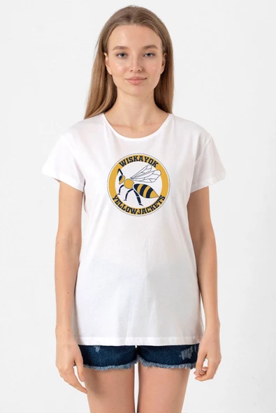 Wiskayok Yellowjackets Logo Beyaz Kadın Bisikletyaka Tshirt