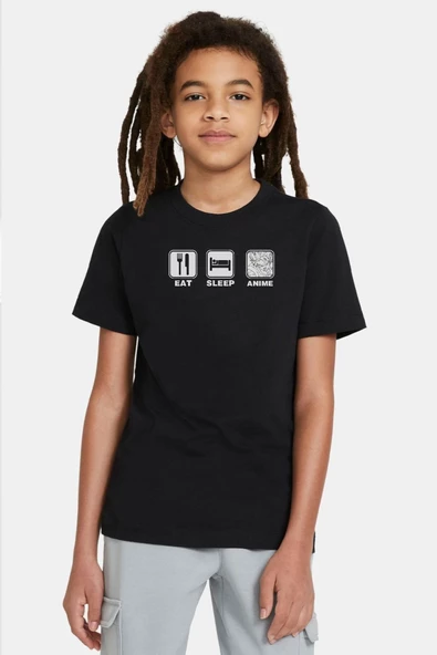 Eat Sleep Anime Siyah Çocuk Tshirt