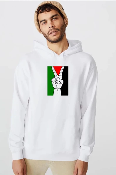 Free Hand Palestine Flag Beyaz Erkek 3ip Kapşonlu  Sweatshirt