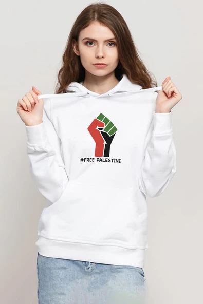 Hand Free Palestine Beyaz Kadın 3ip Kapşonlu Sweatshirt