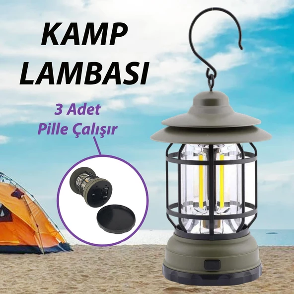 Dekoratif Kamp Lambası Ledli Sarı Işıklı Gün Işığı El Feneri Pilli Işıldak Portatif Gece Lamba Yeşil