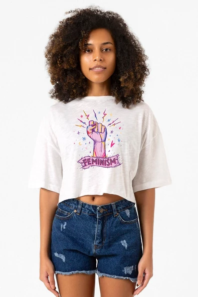 Colorful Feminism Hand Beyaz Kırçıllı Kadın Crop Tshirt ürün görseli 1