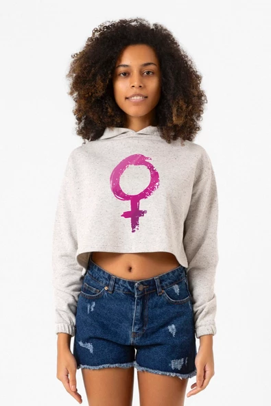 Purple Venus Symbol Beyaz Kırçıllı Kadın Crop Kapşonlu - 1