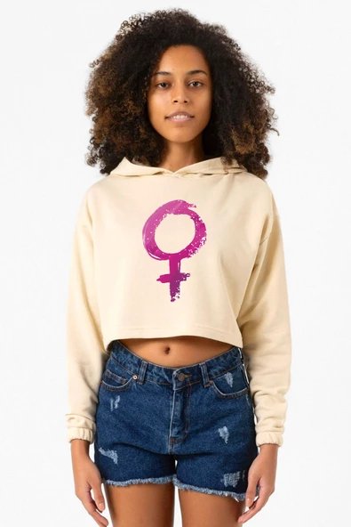 Purple Venus Symbol Bej Kadın Crop Kapşonlu ürün görseli 1