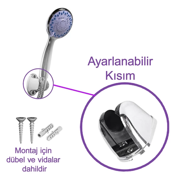 Duş Seti Banyo Duş Başlığı Seti Fiskiyesi Telefonu Yuvarlak Başlık Metal Hortum Mor 3'lü Set - 3
