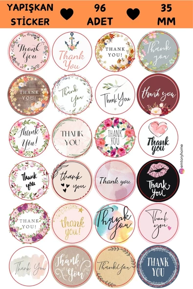 24 Çeşit Thank You Sticker - Teşekkür Sticker - Paketleme Sticker - Hediye Paketi Sticker -