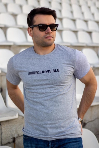 Erkek Gri Invisible Yazı Baskılı Basic Kısa Kollu Bisiklet Yaka Tişört 20ETSHYUNZ - 3