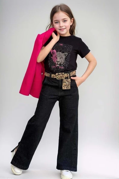 Kız Çocuk Leopar Yazı ve Digital Baskılı Tişört Bol Kesim Pantolon Fuşya Blazer Ceket Alt Üst Takım - Resim 2